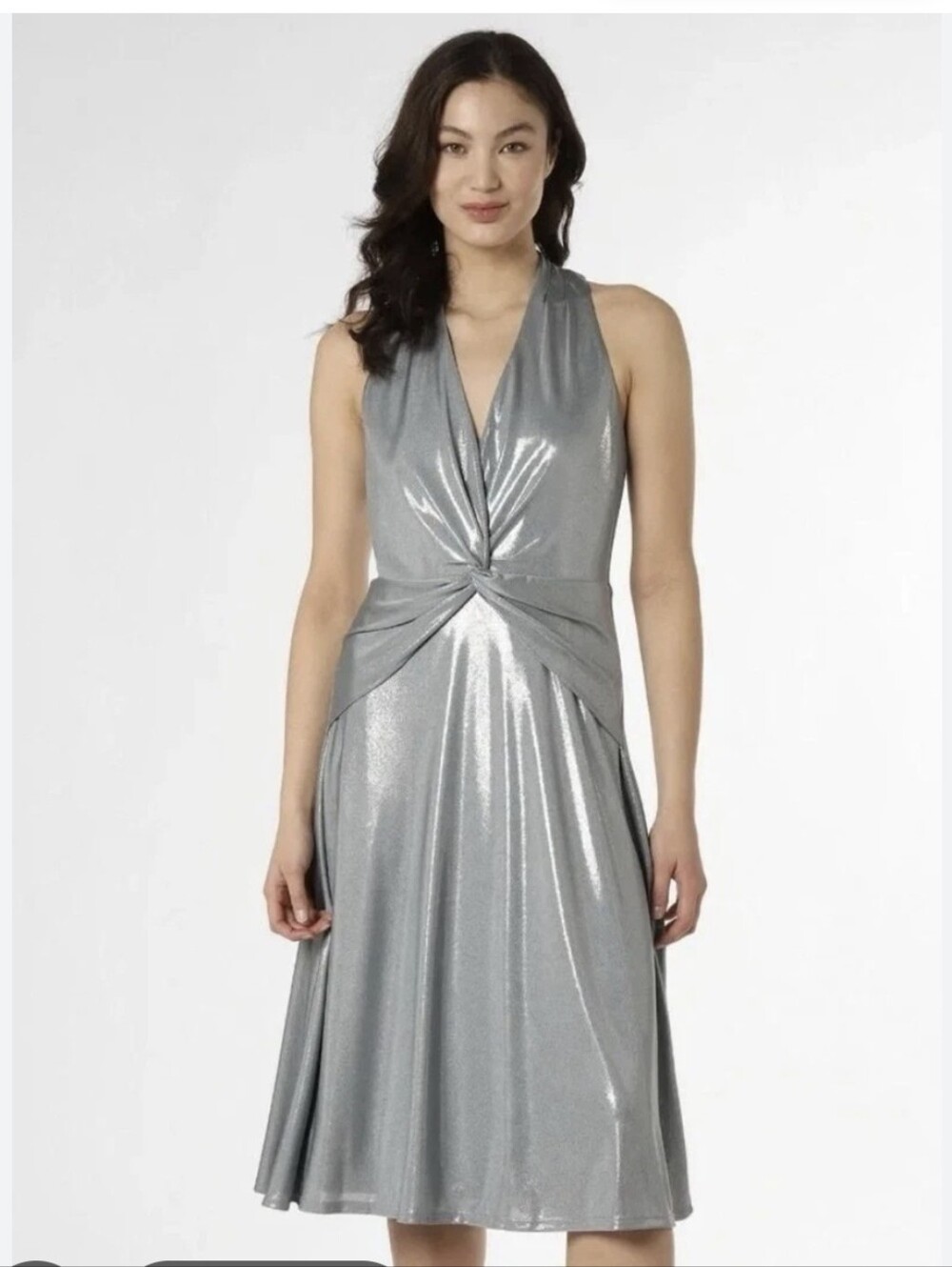 Lauren Ralph Lauren Silver Halter Twist-Front Midi Dress Sleeveless Size 12